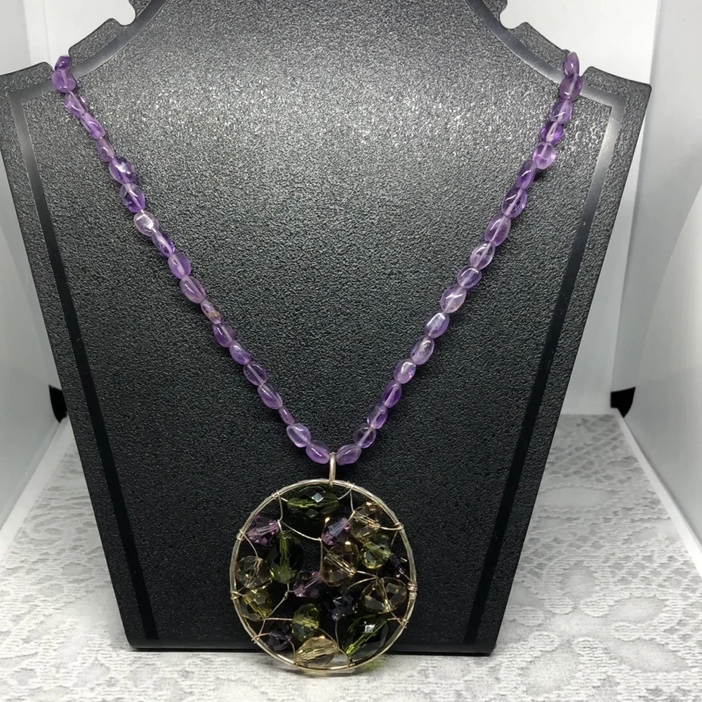 Upcycled sterling silver gemstones and crystals necklace pendant artisan boho